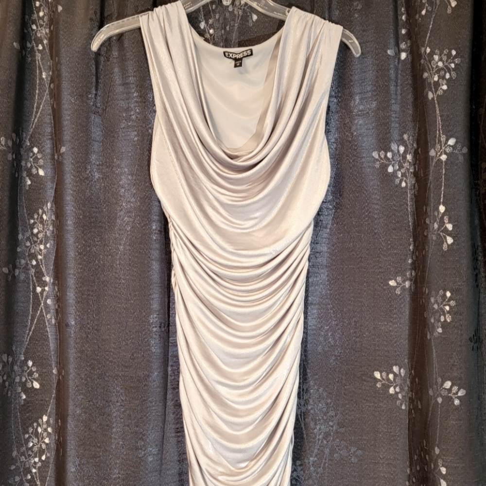 New without tags XS Express Silver shimmery ruched fitted dress.